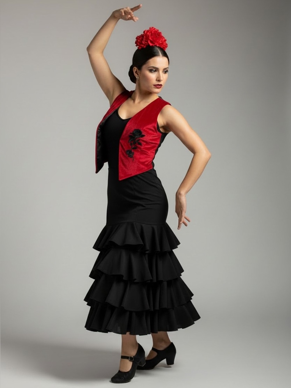 Boutique Flamenca Red Velvet Embroidered Black Rose Spanish Flamenco Open Vest M